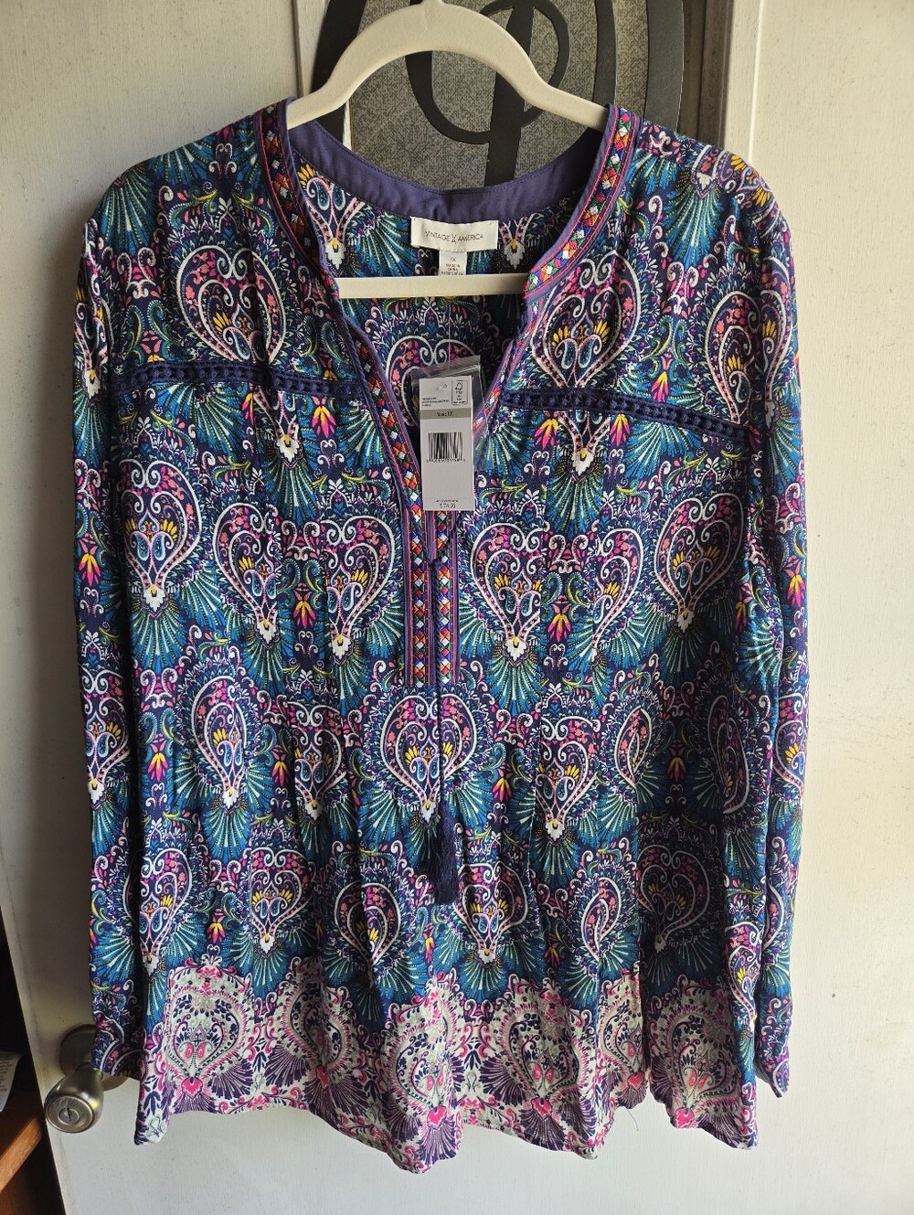 Vintage America Multicolor Paisley V-Neck Long-Sleeve Tunic NWT